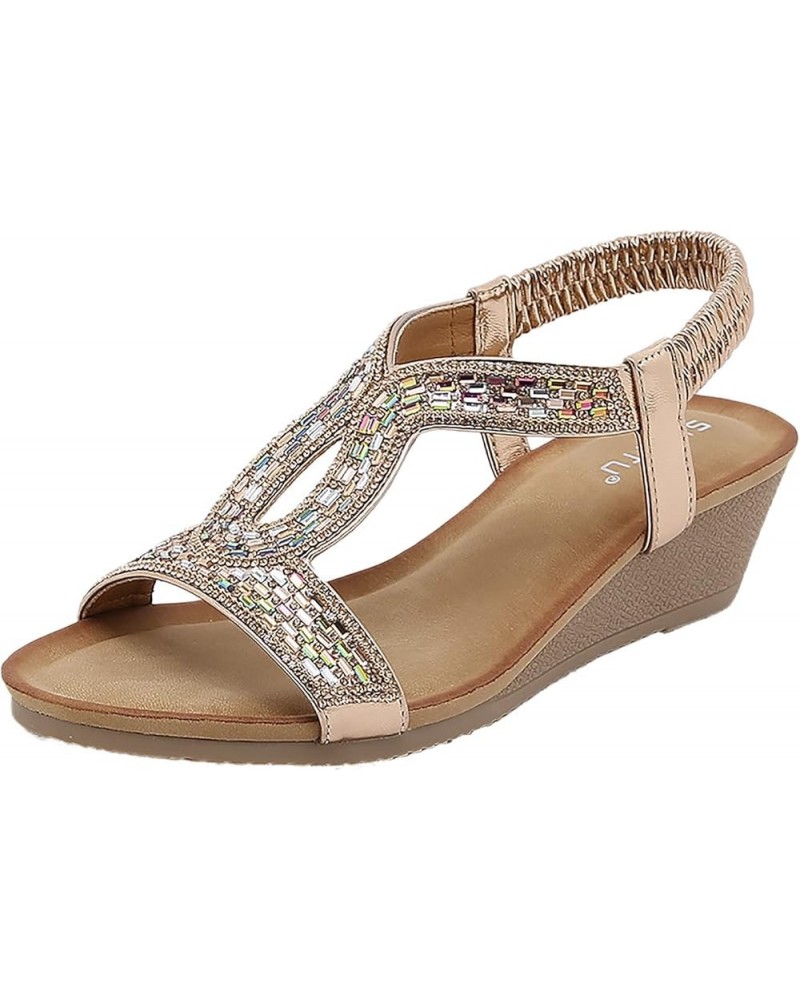 Women Summer Elastic Band Rhinestones Casual Open Toe Wedges Soft Bottom Breathable Sandals for Women Dressy A $16.03 Sandals