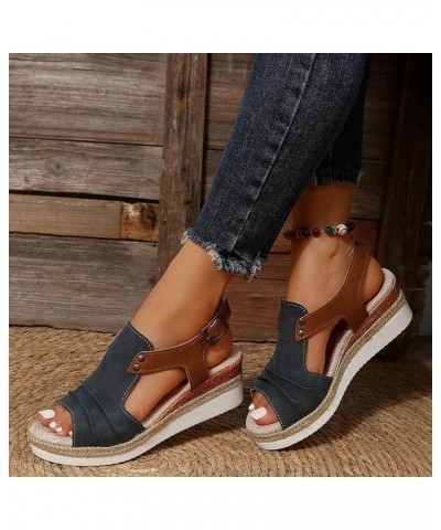 Women's Ankle Strap Rhinestone Wedges Sandal Casual Summer Trendy Flat Open Round Toe Slipper Sandals 100-htrns-navy3 $11.21 ...