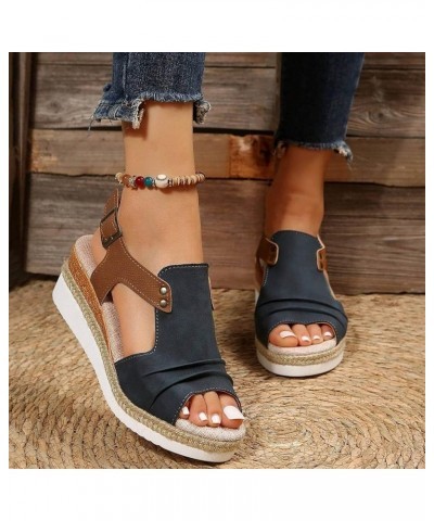 Women's Ankle Strap Rhinestone Wedges Sandal Casual Summer Trendy Flat Open Round Toe Slipper Sandals 100-htrns-navy3 $11.21 ...