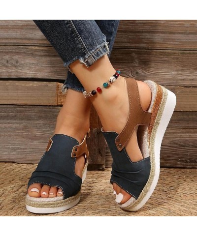 Women's Ankle Strap Rhinestone Wedges Sandal Casual Summer Trendy Flat Open Round Toe Slipper Sandals 100-htrns-navy3 $11.21 ...