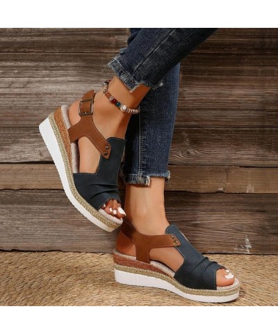 Women's Ankle Strap Rhinestone Wedges Sandal Casual Summer Trendy Flat Open Round Toe Slipper Sandals 100-htrns-navy3 $11.21 ...