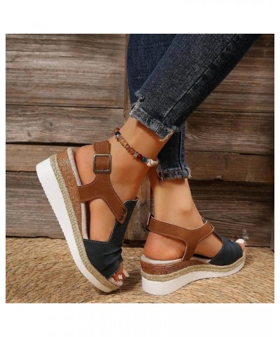 Women's Ankle Strap Rhinestone Wedges Sandal Casual Summer Trendy Flat Open Round Toe Slipper Sandals 100-htrns-navy3 $11.21 ...