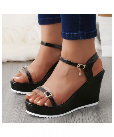 Fish Mouth Slip On Platform Sandals Fashion Summer Women Sandals Wedge Heel Platform Buckle Solid Color Rhinestone Casual (Bl...