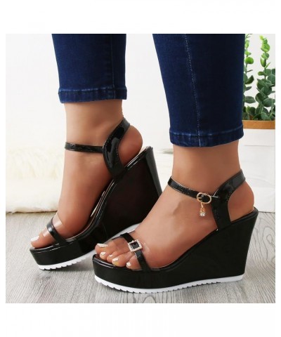 Fish Mouth Slip On Platform Sandals Fashion Summer Women Sandals Wedge Heel Platform Buckle Solid Color Rhinestone Casual (Bl...