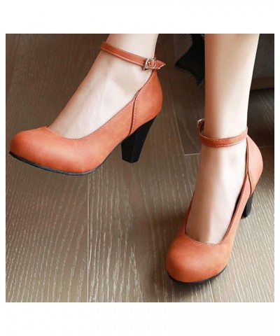 Women's Ankle Strap Buckle Pumps Vintage Round Toe Chunky High Heels Dress Shoes Ladies Outdoor Mary Janes Orange $31.31 Pumps