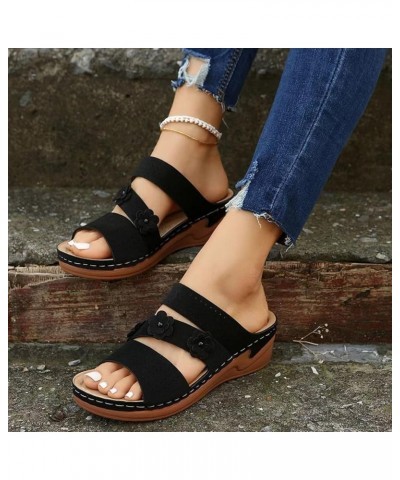 Sandals for Women Casual Summer Arch Support Slides Comfort Wedge Shoes Open Toe Slippers Slip On Walking Sandal Shoe A1-blac...