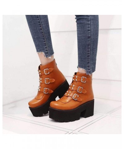 Studded Mid Calf Boots for Women Thick Platform Round Toe Black Goth Punk Buckle Rivet Combat lady boots Brown Short $33.38 B...