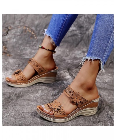 Sandals Women Dressy Summer Flat Breathable Peep Shoes Women Fashion Wedges Toe Beach Flowers Sandals Slip-On Women's Brown $...