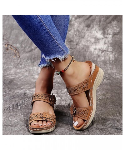 Sandals Women Dressy Summer Flat Breathable Peep Shoes Women Fashion Wedges Toe Beach Flowers Sandals Slip-On Women's Brown $...