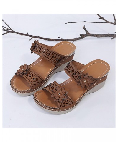 Sandals Women Dressy Summer Flat Breathable Peep Shoes Women Fashion Wedges Toe Beach Flowers Sandals Slip-On Women's Brown $...