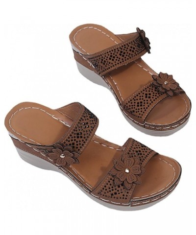 Sandals Women Dressy Summer Flat Breathable Peep Shoes Women Fashion Wedges Toe Beach Flowers Sandals Slip-On Women's Brown $...