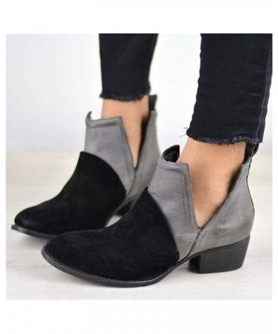 Boots for Women,Women's Wedges Ankle Booties Retro V Cutout Comfy Short Boots Leather Color Block Chunky Block Heels Shoes Bl...