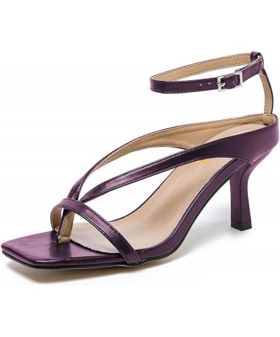 Women's Open Square Toe Sandals Flip Flop Mid Heels Pumps Ankle Strappy Elegant Summer Party Dress Shoes Size 4-16 US Purple ...