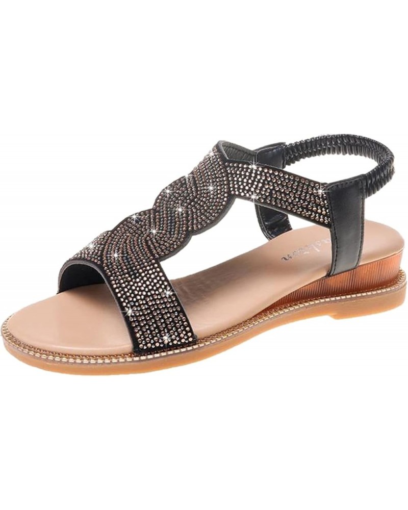 Women's Bohemian Diamond Platform Sandals Elastic Belt Slip on Wedge Heel Beach Shoes Roman Casual Open Toe 7 Black $22.19 Sa...