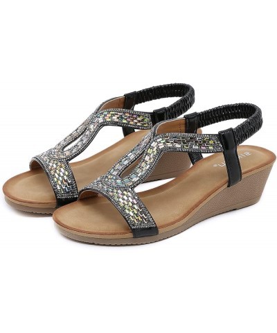 Women Summer Elastic Band Rhinestones Casual Open Toe Wedges Soft Bottom Breathable Sandals for Women Dressy Black $16.03 San...