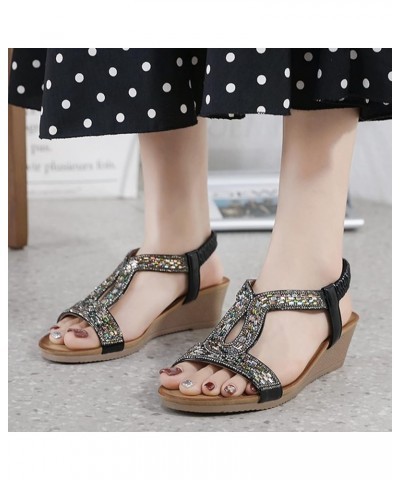 Women Summer Elastic Band Rhinestones Casual Open Toe Wedges Soft Bottom Breathable Sandals for Women Dressy Black $16.03 San...