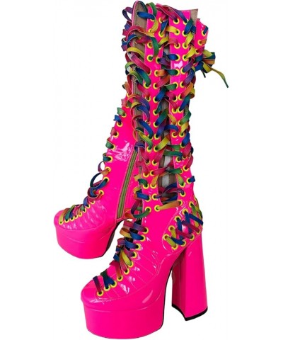 Sexy Unisex Chunky Platform Knee High Heeled Wide Calf Long Boots, Lolita Goth Cute Neon Pink Patent Colorful Luxury, Big Lar...