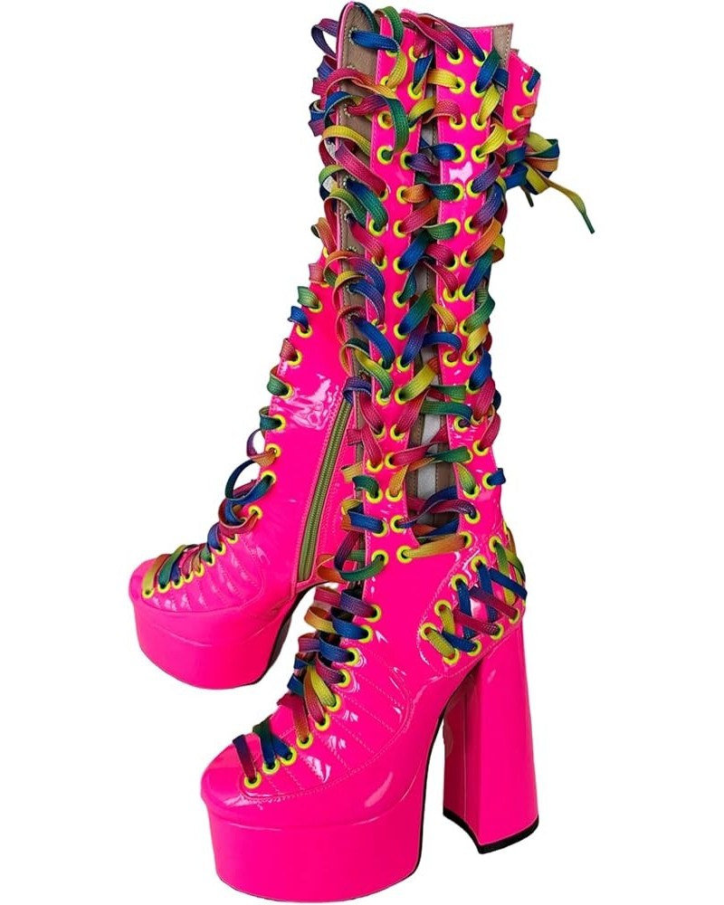 Sexy Unisex Chunky Platform Knee High Heeled Wide Calf Long Boots, Lolita Goth Cute Neon Pink Patent Colorful Luxury, Big Lar...