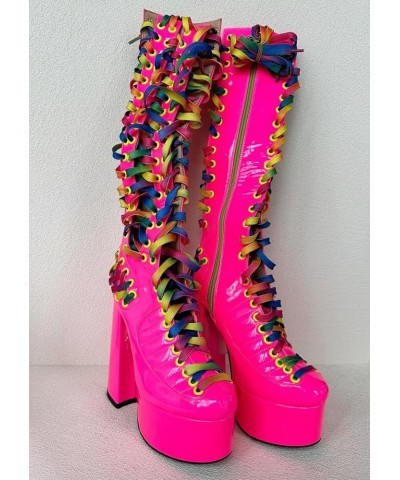 Sexy Unisex Chunky Platform Knee High Heeled Wide Calf Long Boots, Lolita Goth Cute Neon Pink Patent Colorful Luxury, Big Lar...