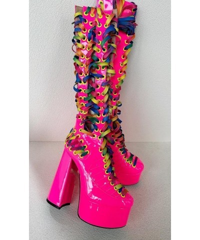 Sexy Unisex Chunky Platform Knee High Heeled Wide Calf Long Boots, Lolita Goth Cute Neon Pink Patent Colorful Luxury, Big Lar...