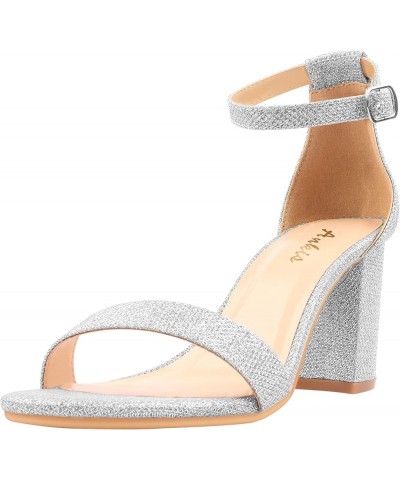 Heels for Women Open Toe Ankle Strap Chunky Heel Sandals 2.75 Inch Silver $13.74 Sandals