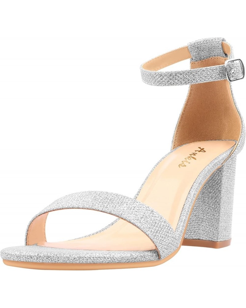 Heels for Women Open Toe Ankle Strap Chunky Heel Sandals 2.75 Inch Silver $13.74 Sandals