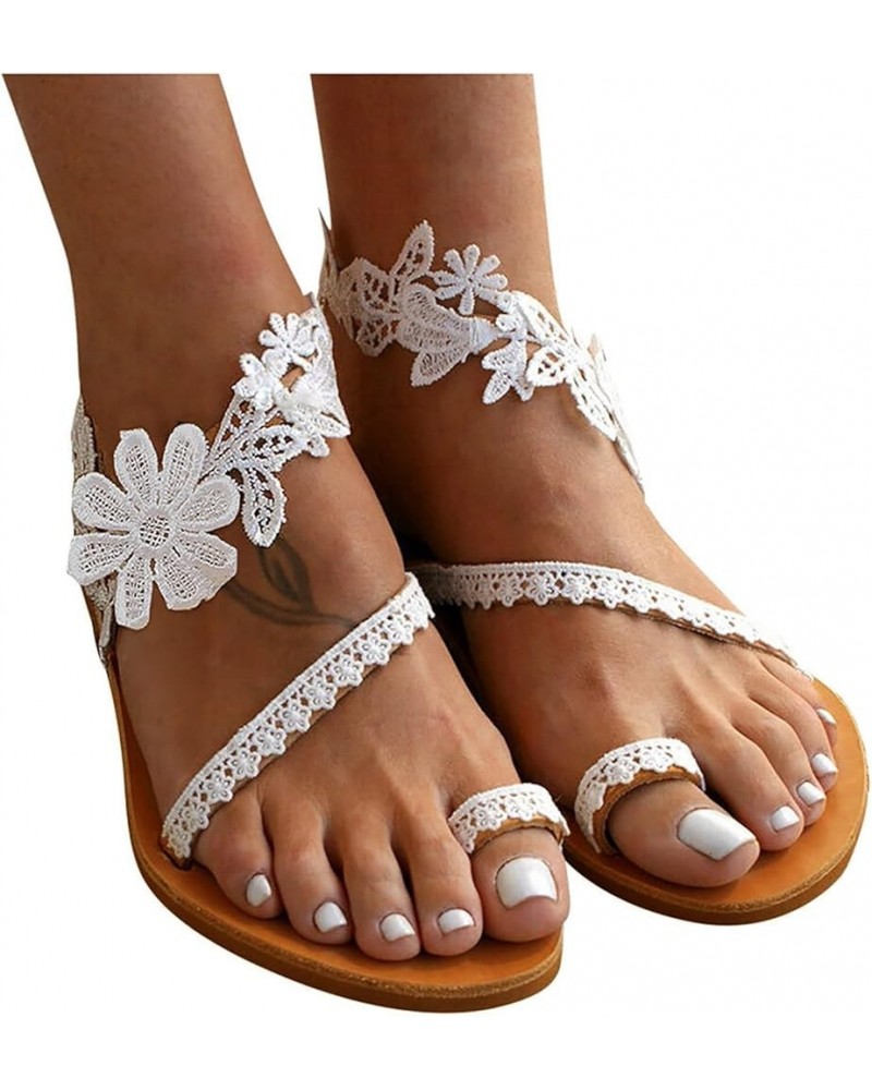 Sandals Women Dressy Summer Casual Open Toe Lace-up Flat sandals Retro Slippers Crystal Fashion Women's Sandals C3-white $13....