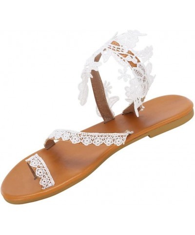 Sandals Women Dressy Summer Casual Open Toe Lace-up Flat sandals Retro Slippers Crystal Fashion Women's Sandals C3-white $13....