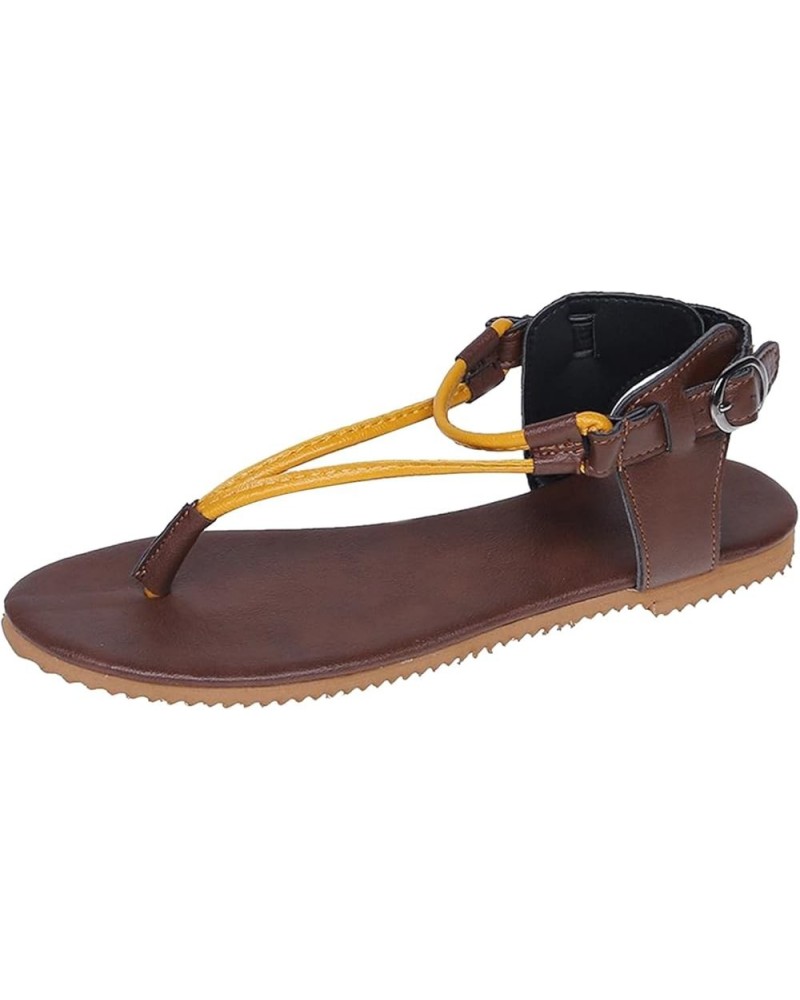 Women's Vintage Roman Style Leather Flat Sandals Ladies Fashion Buckle Strap Flat Sandals Breathable Clip Toe Yellow 9 $15.40...