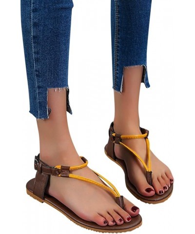 Women's Vintage Roman Style Leather Flat Sandals Ladies Fashion Buckle Strap Flat Sandals Breathable Clip Toe Yellow 9 $15.40...