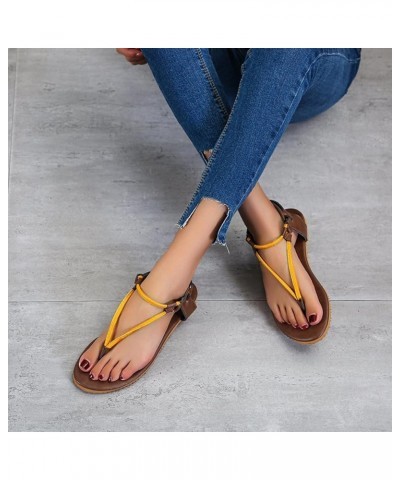 Women's Vintage Roman Style Leather Flat Sandals Ladies Fashion Buckle Strap Flat Sandals Breathable Clip Toe Yellow 9 $15.40...