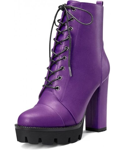 Women High Heel Platform Chunky Block Round Toe Ankle Boots Short Bootie Lace-up Zipper Boots Purple a $39.90 Boots