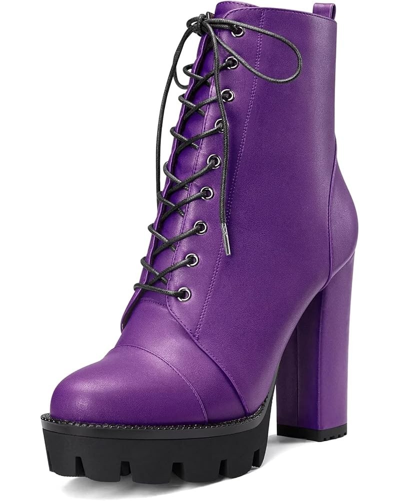 Women High Heel Platform Chunky Block Round Toe Ankle Boots Short Bootie Lace-up Zipper Boots Purple a $39.90 Boots