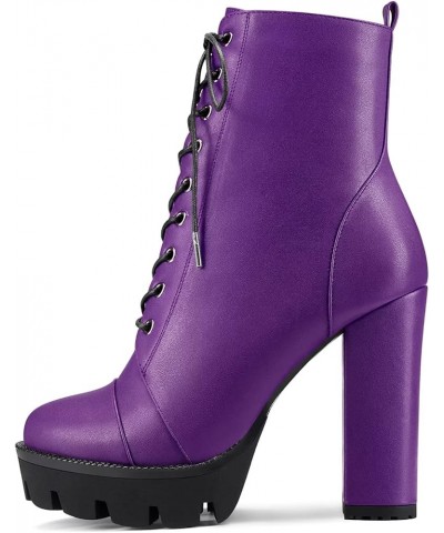 Women High Heel Platform Chunky Block Round Toe Ankle Boots Short Bootie Lace-up Zipper Boots Purple a $39.90 Boots