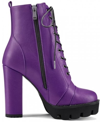 Women High Heel Platform Chunky Block Round Toe Ankle Boots Short Bootie Lace-up Zipper Boots Purple a $39.90 Boots