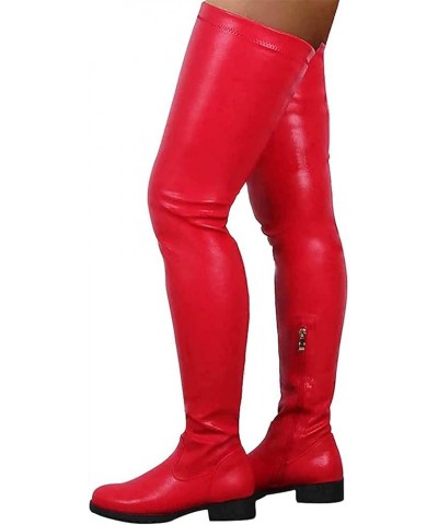 Womens Stretch Thigh High Boots Low Chunky Heel Sexy Zipper Round Toe Over The Knee High Riding Boots 38 for women A-red $32....