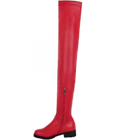 Womens Stretch Thigh High Boots Low Chunky Heel Sexy Zipper Round Toe Over The Knee High Riding Boots 38 for women A-red $32....