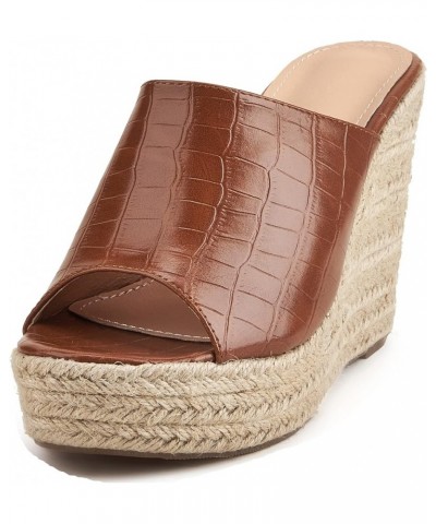 Women Retro Crocodile Leather Slide Shoes Ladies Peep Toe Espadrille Wedge Platform Heels Beach Vocation Brown $21.62 Sandals