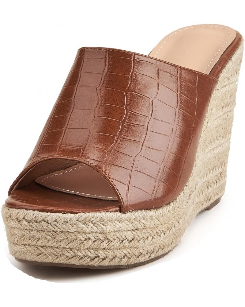 Women Retro Crocodile Leather Slide Shoes Ladies Peep Toe Espadrille Wedge Platform Heels Beach Vocation Brown $21.62 Sandals