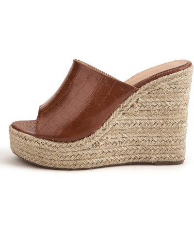 Women Retro Crocodile Leather Slide Shoes Ladies Peep Toe Espadrille Wedge Platform Heels Beach Vocation Brown $21.62 Sandals