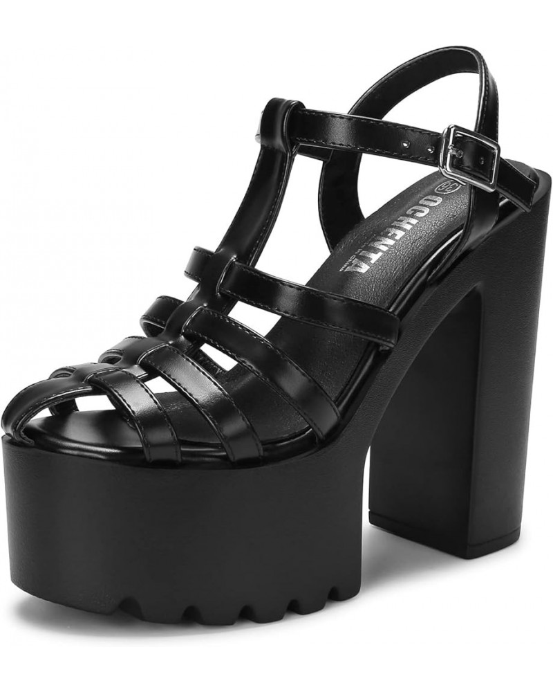 Women's Strappy Platform Block High Heeled Sandals Lug Sole Chunky Heels Black $28.59 Sandals