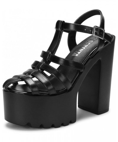 Women's Strappy Platform Block High Heeled Sandals Lug Sole Chunky Heels Black $28.59 Sandals