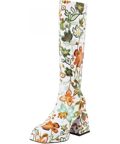 Knee High Boot for Women Stiletto Heel Pointed Toe Winter Flower Thick High Heel Warm High Sleeve Boots Thick Sole 2023 Green...