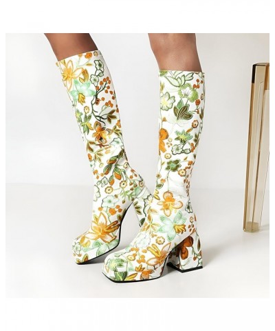 Knee High Boot for Women Stiletto Heel Pointed Toe Winter Flower Thick High Heel Warm High Sleeve Boots Thick Sole 2023 Green...