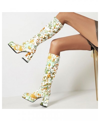 Knee High Boot for Women Stiletto Heel Pointed Toe Winter Flower Thick High Heel Warm High Sleeve Boots Thick Sole 2023 Green...