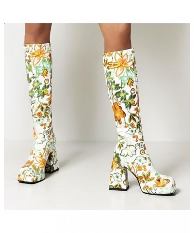 Knee High Boot for Women Stiletto Heel Pointed Toe Winter Flower Thick High Heel Warm High Sleeve Boots Thick Sole 2023 Green...