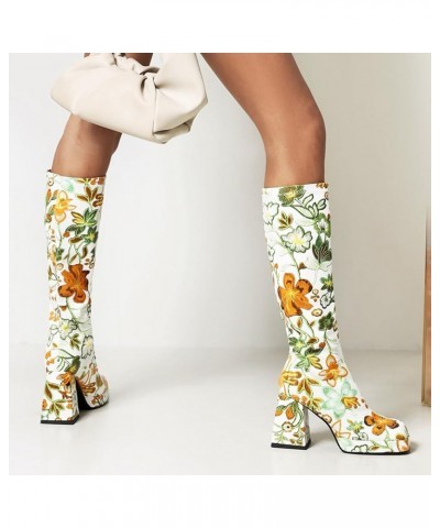 Knee High Boot for Women Stiletto Heel Pointed Toe Winter Flower Thick High Heel Warm High Sleeve Boots Thick Sole 2023 Green...