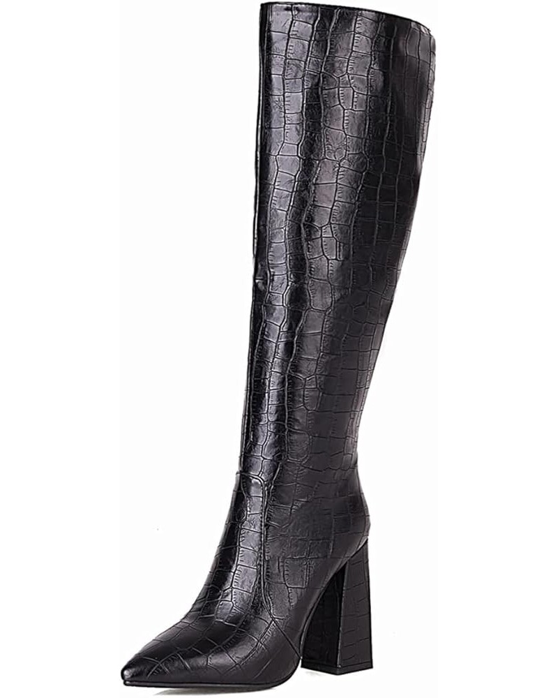 Slouch Knee High Boots for Women Fashion Faux Crocodile Boots 366 Black $28.90 Boots