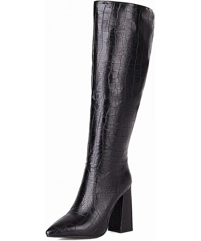 Slouch Knee High Boots for Women Fashion Faux Crocodile Boots 366 Black $28.90 Boots