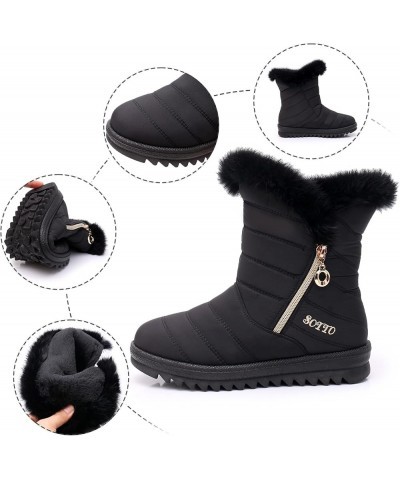 Womens Warm Snow Boots Waterproof Black Mid Calf Boots Outdoor Booties Comfortable Shoes Women Side Zipper Memory Foam Fur Wi...